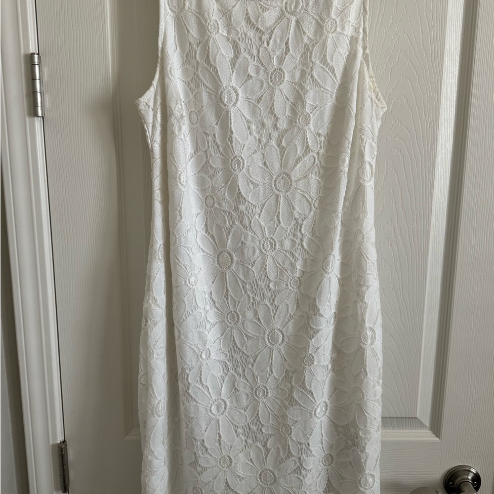 Karin Stevens White Sheath Midi Dress Mock Neck